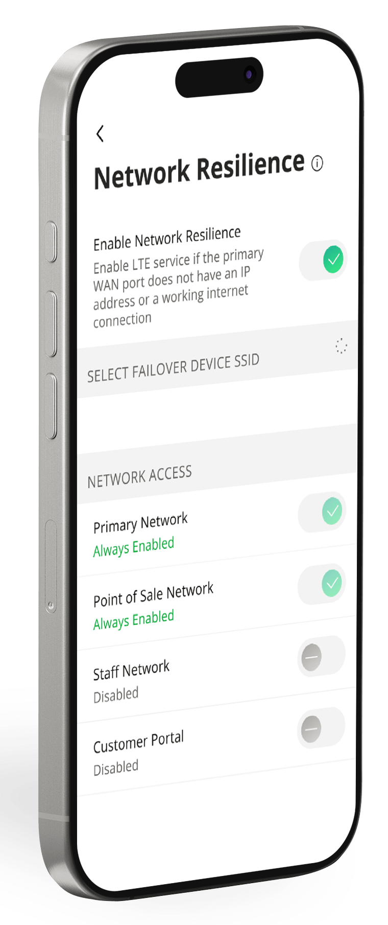 ALLO Smart Business app screens showing network resilience features