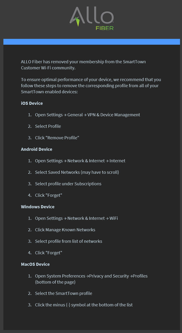 Example of ALLO Fiber SmartTown opt-out email