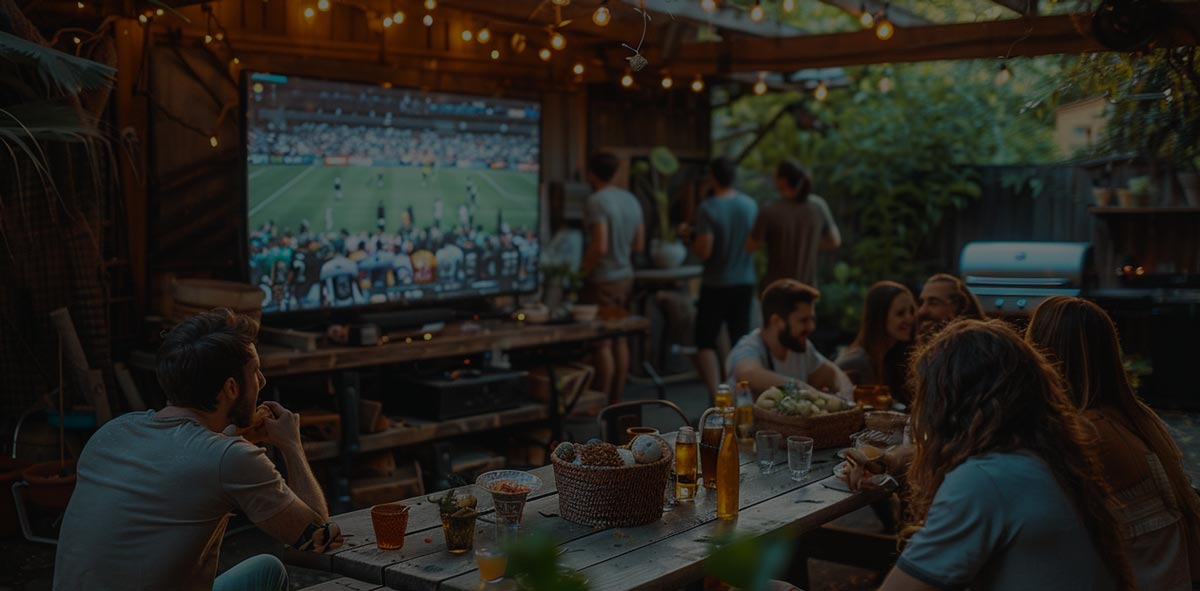 Friends and family enjoying outdoor Wi-Fi in a backyard gathering space.