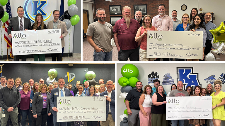 ALLO for Education check presentations showing community members and schools receiving donations totaling $193,000 across Nebraska, Colorado, and Arizona.