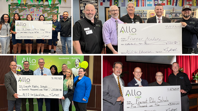 ALLO for Education check presentations showing community members and schools receiving donations totaling $193,000 across Nebraska, Colorado, and Arizona.
