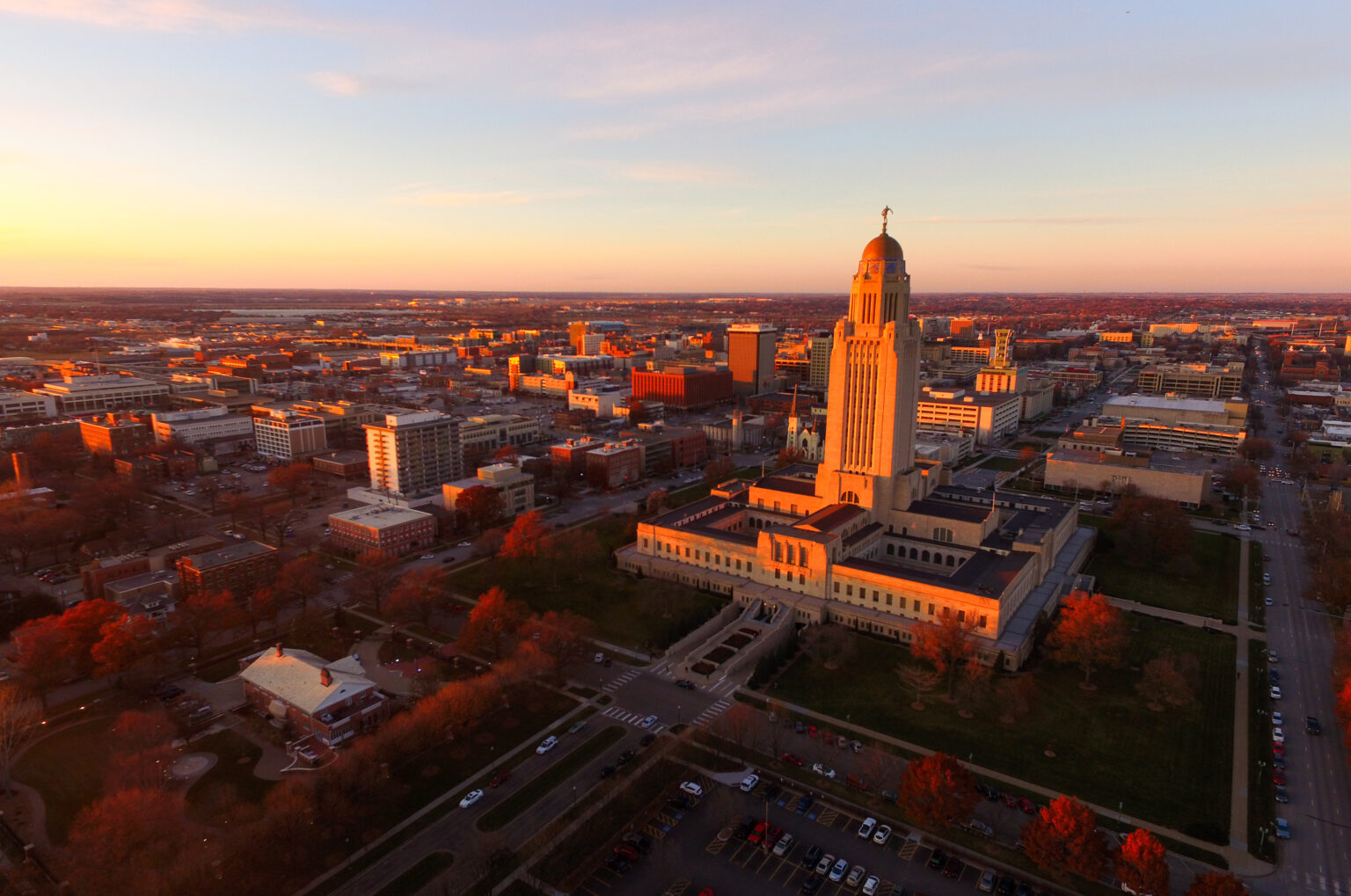 The Nebraska State Capitol at sunset in Lincoln